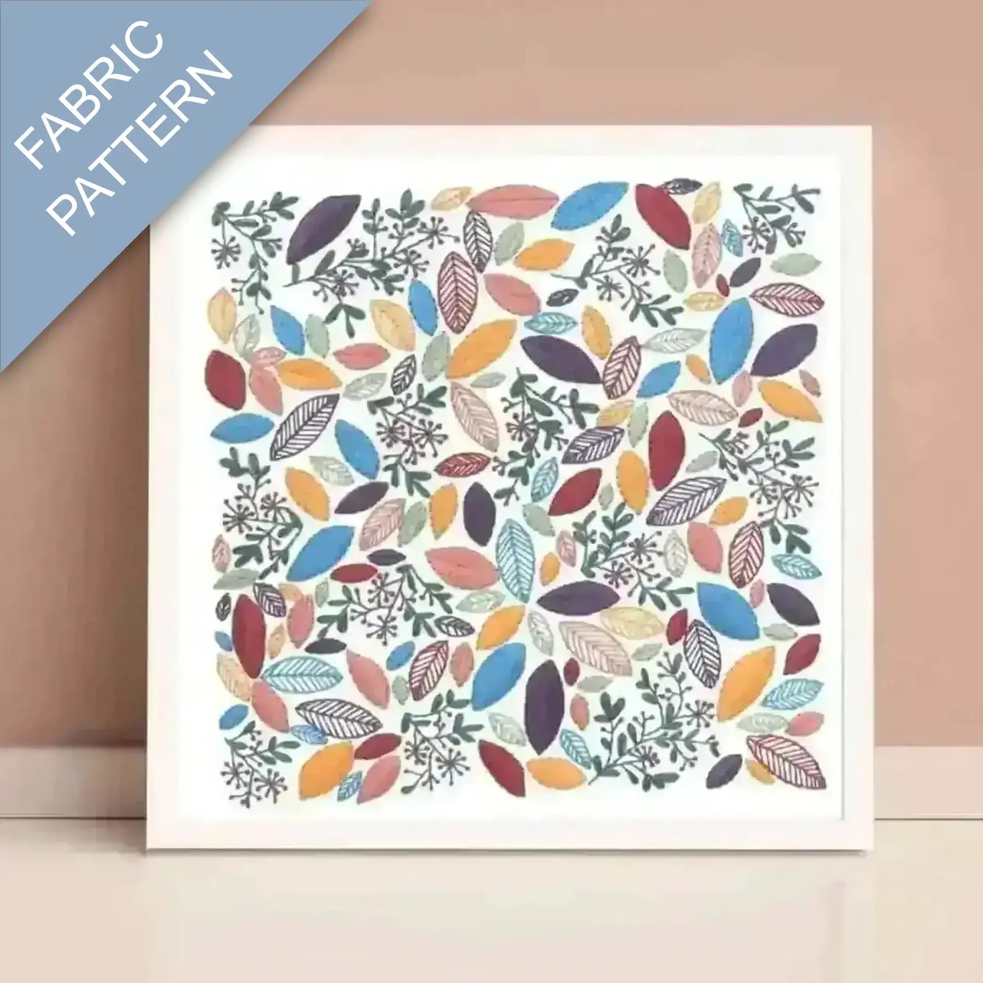 Colorful leaf pattern on fabric with 'Fabric Pattern' text.