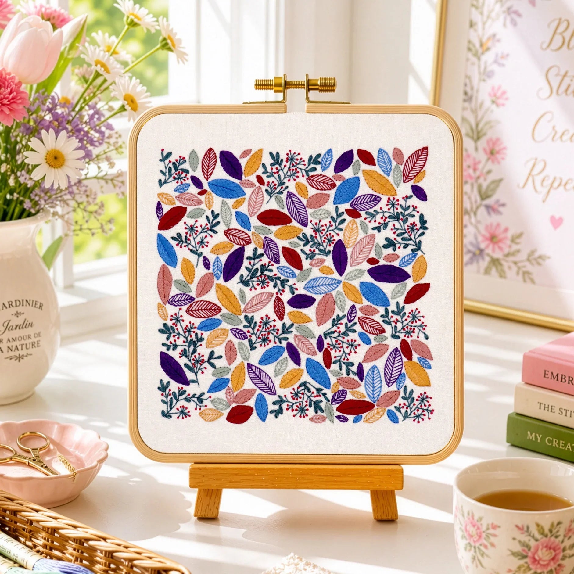 A beautifully simple design with very few stitches - this gorgeous leaf pattern has wonderful wintery colored leaves intermingled within the berries and leaves. This is a delight to stitch and incredibly absorbing. Suitable for beginners through to advanced.