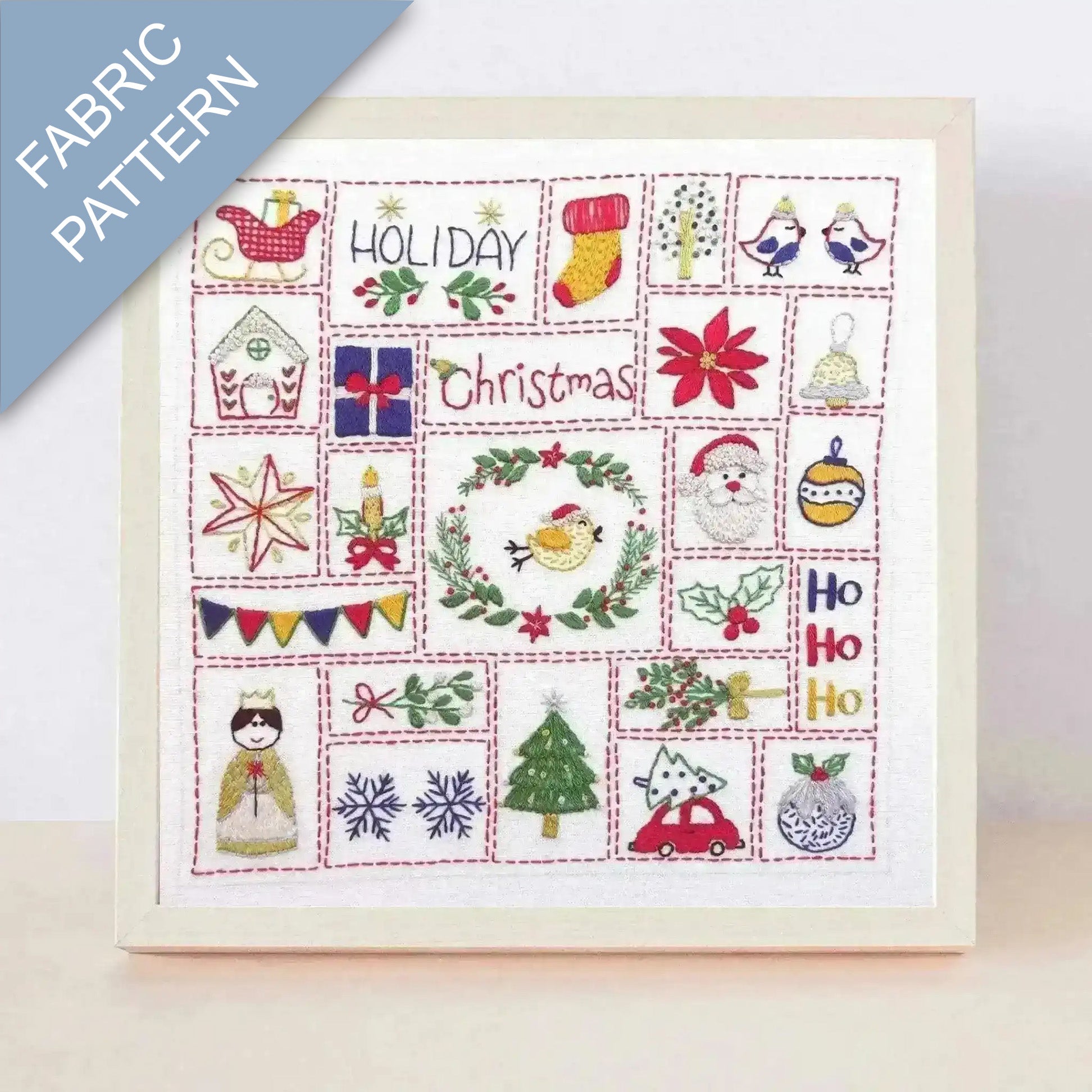 Fabric pattern with Christmas-themed designs on a white background