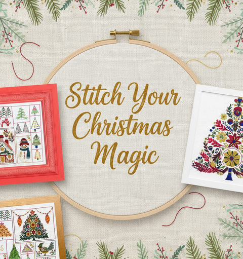 Embroidery hoop with 'Stitch Your Christmas Magic' text, surrounded by framed cross-stitch patterns on a festive background.