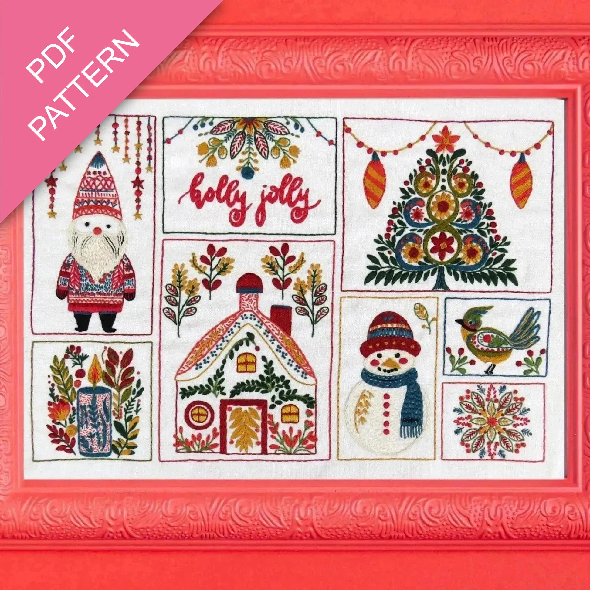 Embroidery pattern with Christmas-themed designs on a red background