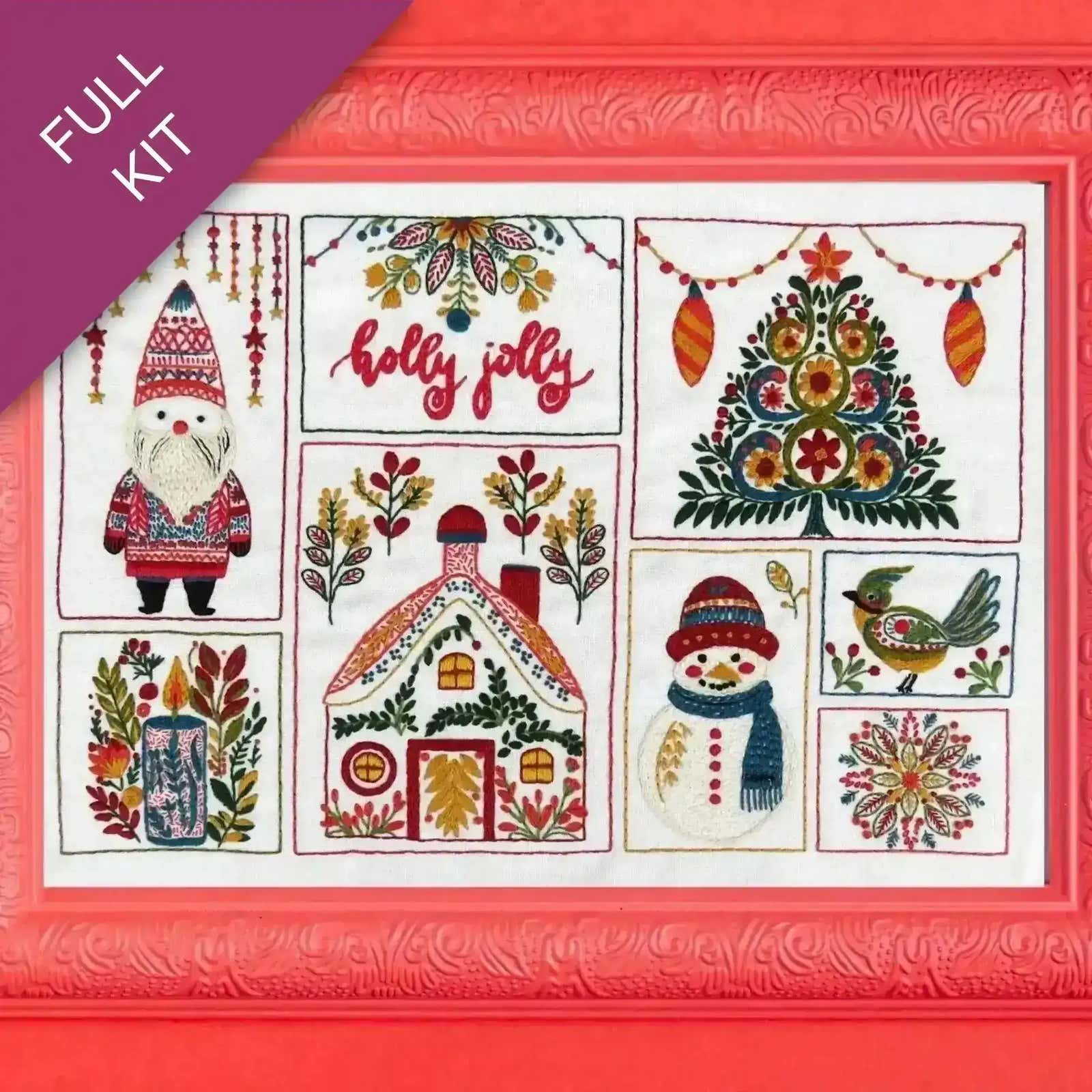 Embroidery kit with festive designs on a red background