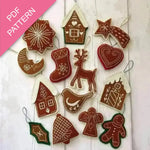 Collection of gingerbread-themed Christmas ornaments on a white background with 'PDF Pattern' text.