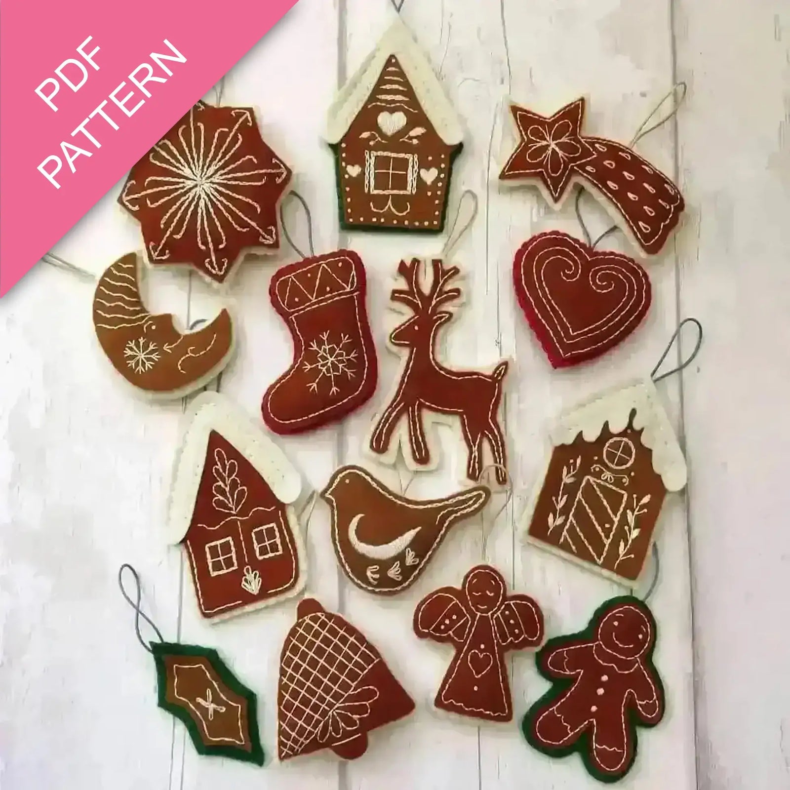 Collection of gingerbread-themed Christmas ornaments on a white background with 'PDF Pattern' text.