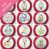 Collection of embroidered designs on red borders with a PDF pattern label.