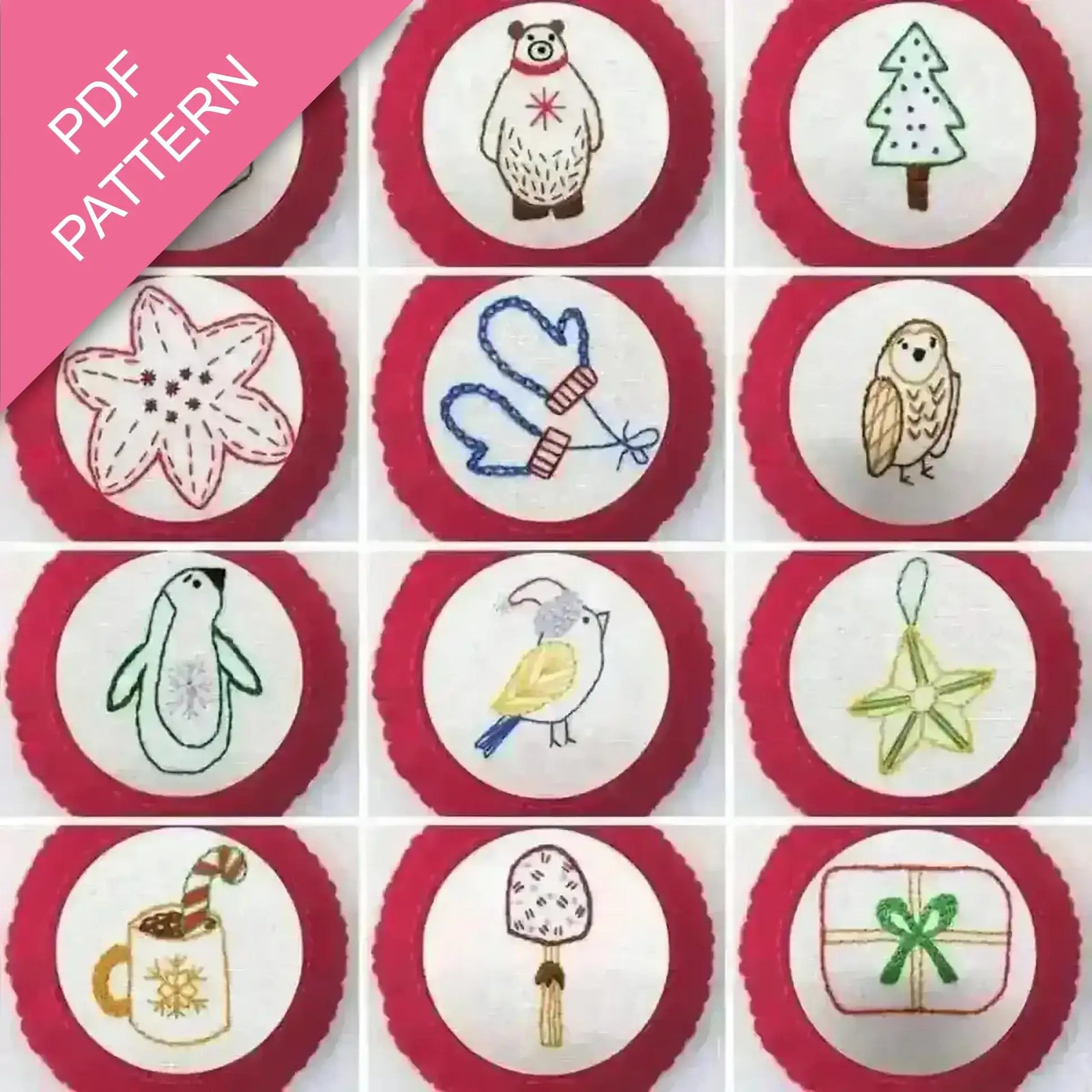 Collection of embroidered designs on red borders with a PDF pattern label.