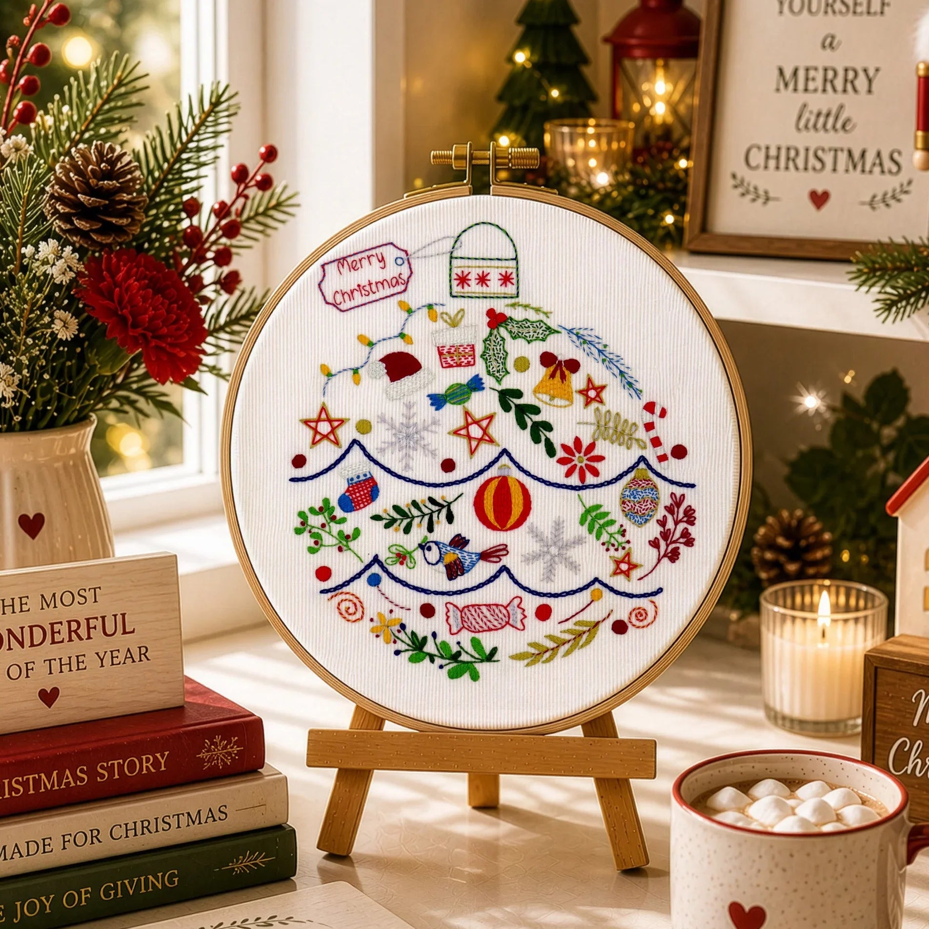 Delight in creating your own beautiful Christmas embroidery pattern in December. Stitch one festive element every day of Advent and experience the joy of counting down to Christmas. Let your creativity shine as you work with fabric, colorful threads, and a variety of lovely stitches!