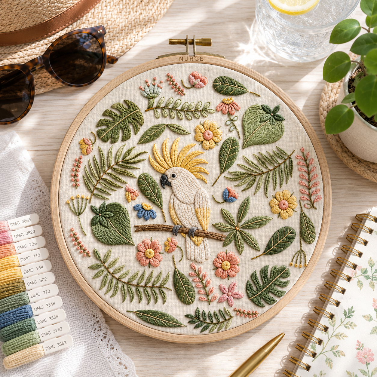 Embroidery hoop with a parrot and floral design on a light surface with accessories.