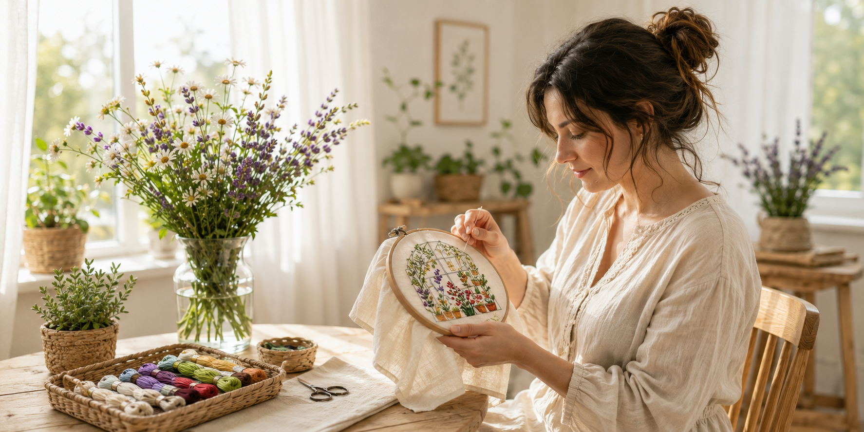 Woman working on a embroidery project in a bright room with plants and flowers.