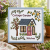 Embroidery of a cottage with 'Cottage Garden Stitches' text, surrounded by plants and flowers.