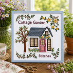 Embroidery of a cottage with 'Cottage Garden Stitches' text, surrounded by plants and flowers.