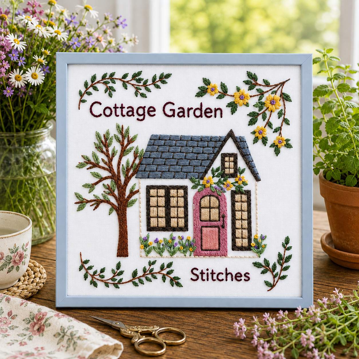 Embroidery of a cottage with 'Cottage Garden Stitches' text, surrounded by plants and flowers.