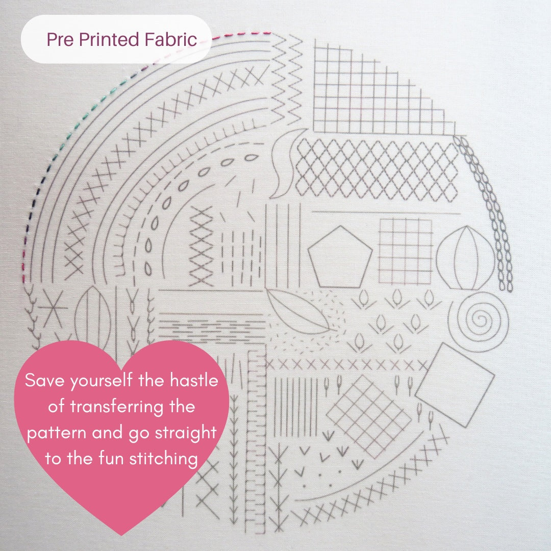 Pre-printed fabric with various patterns and a pink heart-shaped callout.