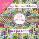 Cover of 'Village Garden Stitches' PDF pattern with floral design and stone path.