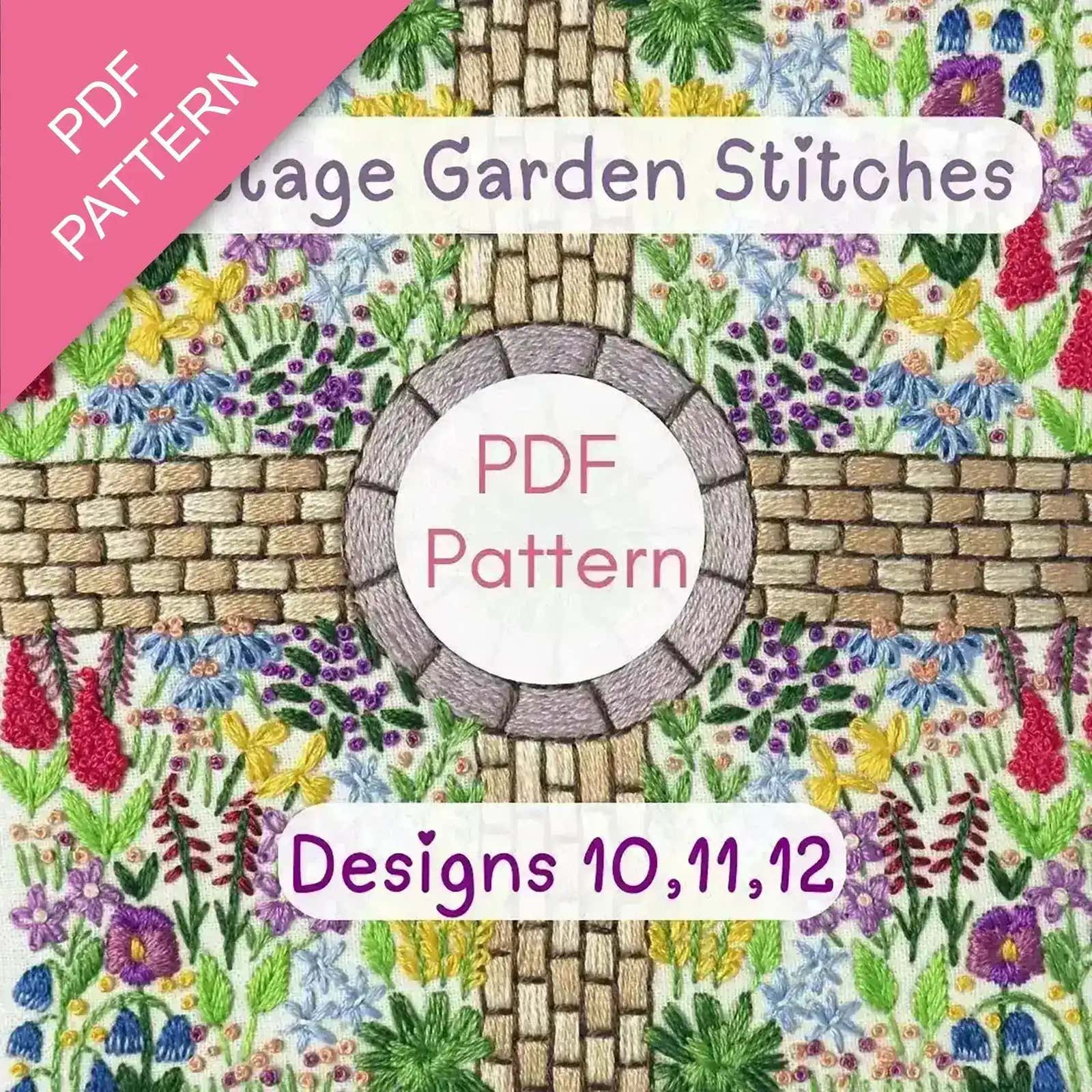 Cover of 'Village Garden Stitches' PDF pattern with floral design and stone path.