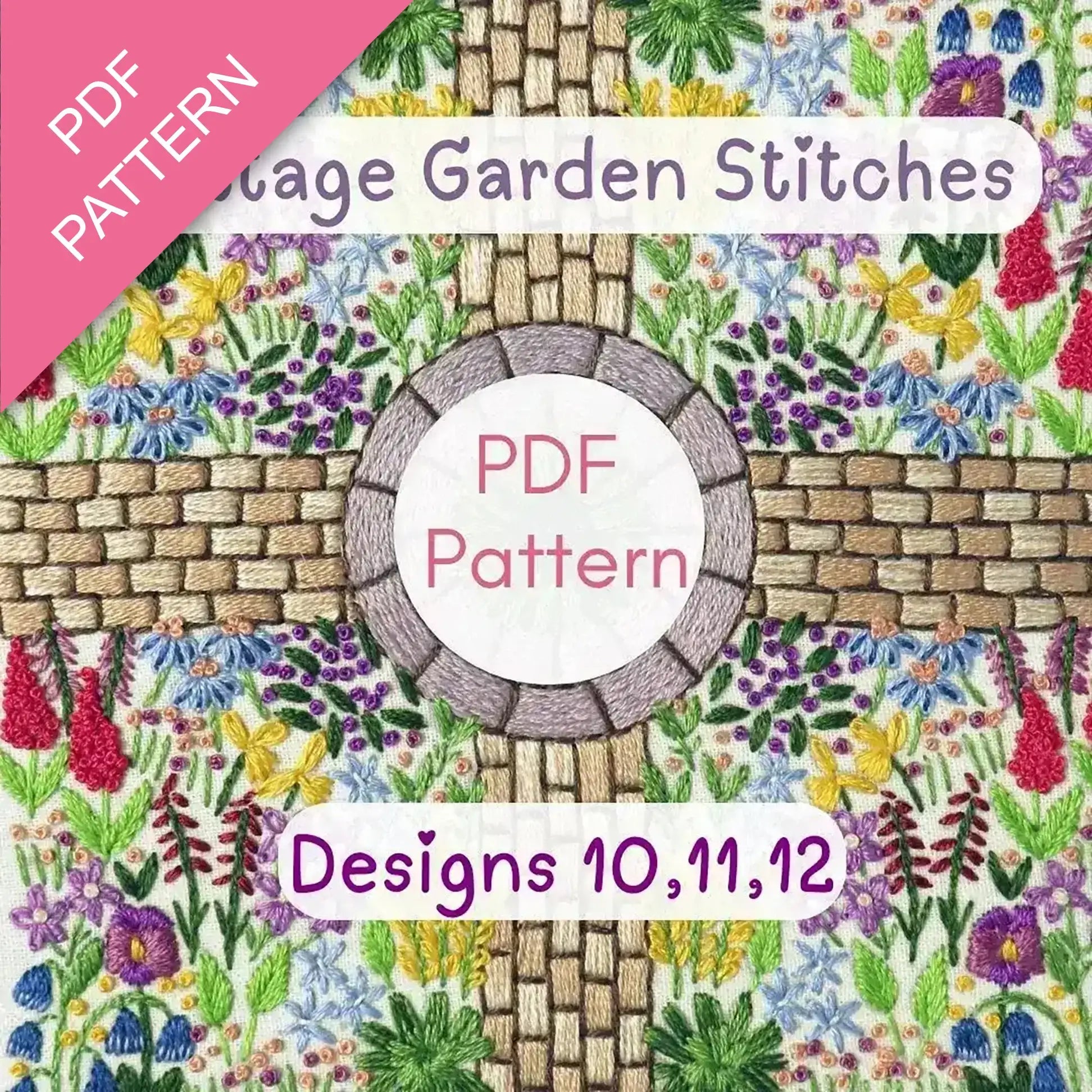Cover of 'Village Garden Stitches' PDF pattern with floral design and stone path.