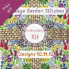Embroidery kit cover with garden-themed design and text