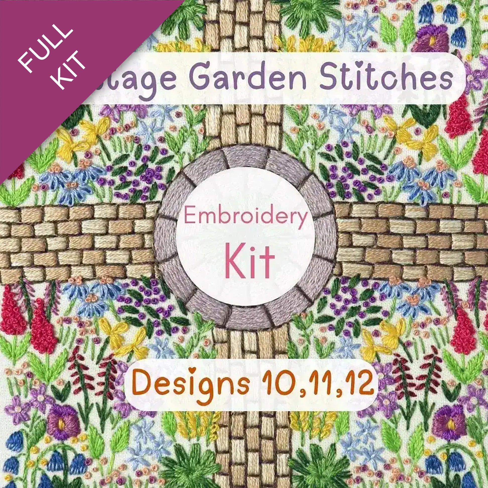 Embroidery kit cover with garden-themed design and text