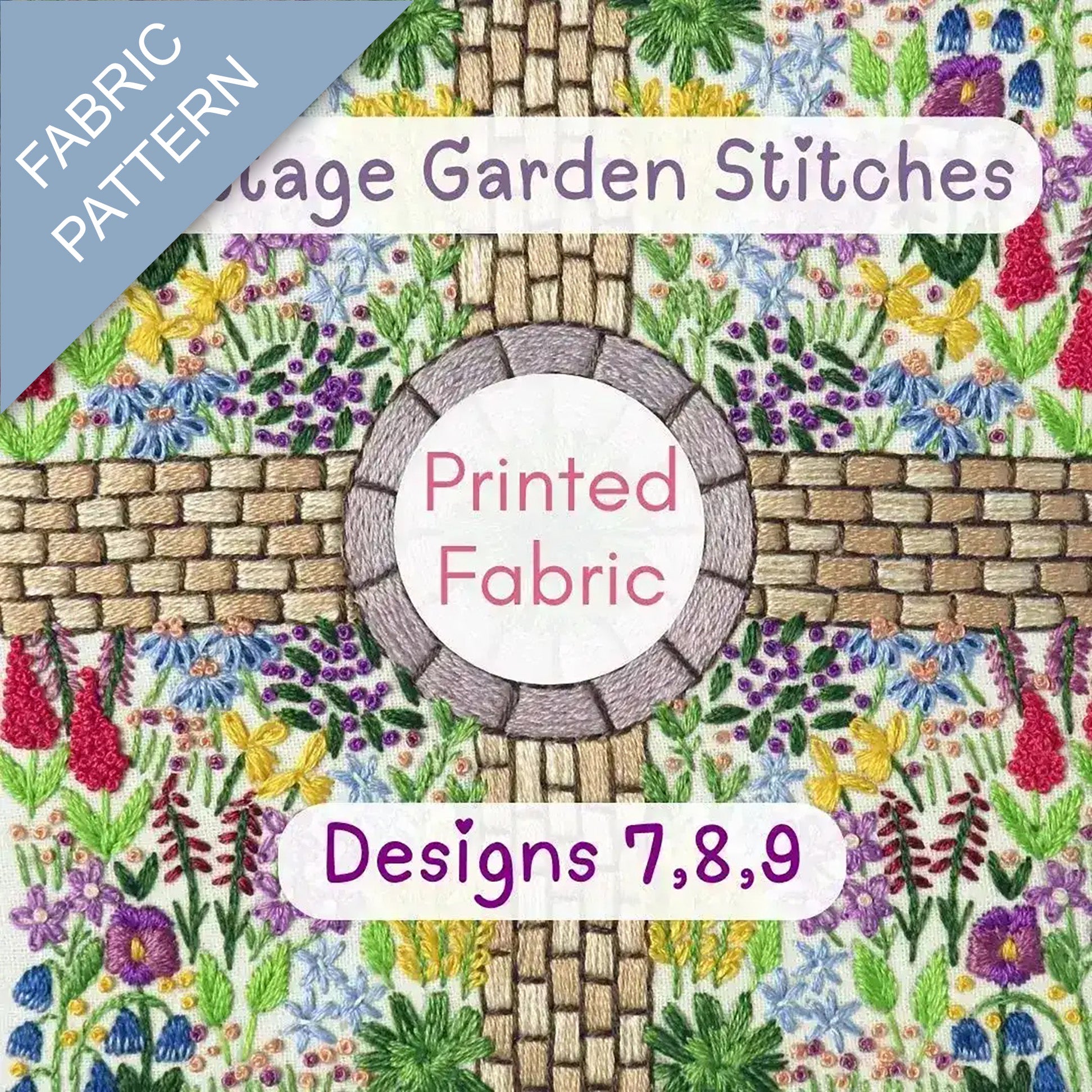 Fabric pattern with floral design and text 'Vintage Garden Stitches Printed Fabric Designs 7,8,9'.