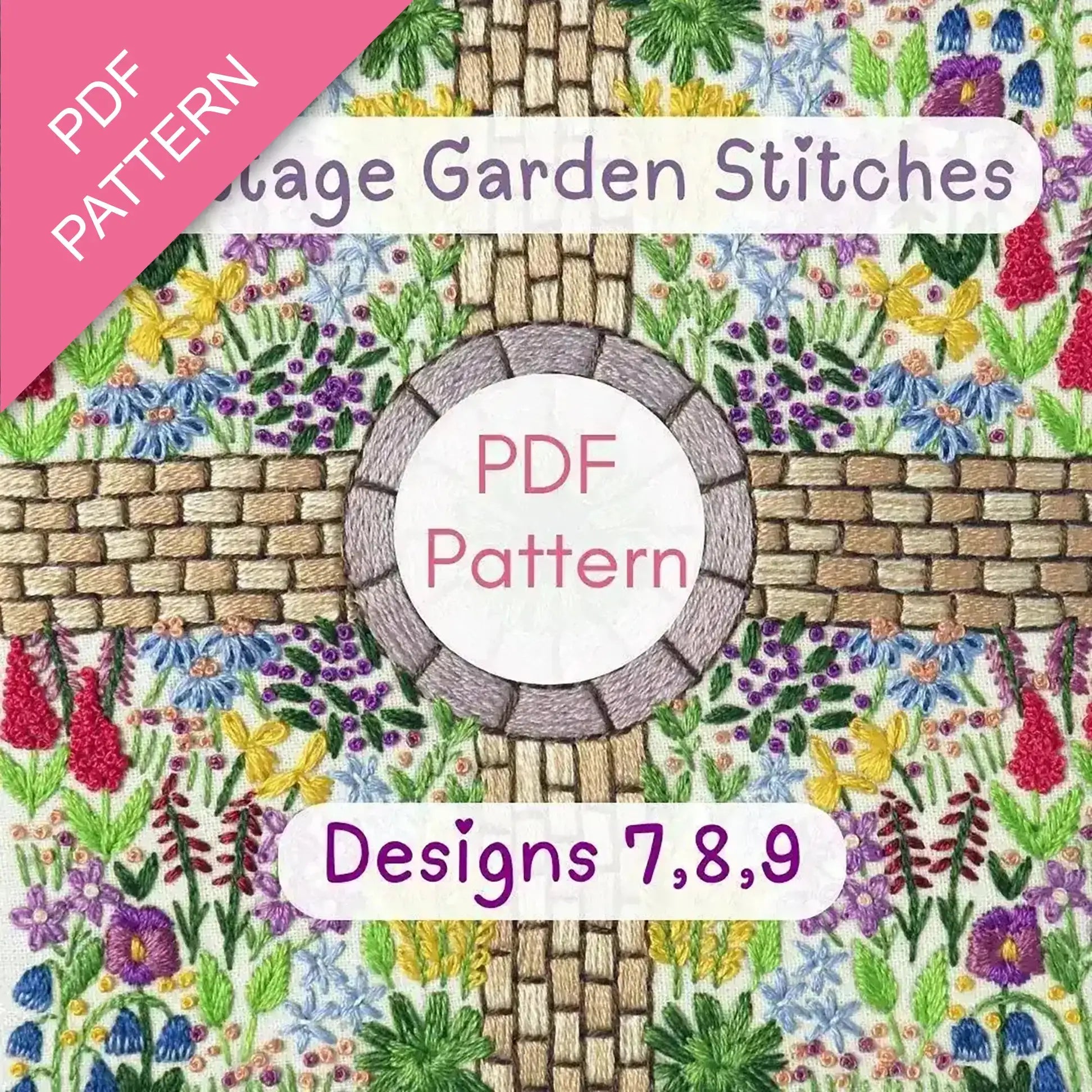 PDF pattern cover with garden-themed design and floral elements.