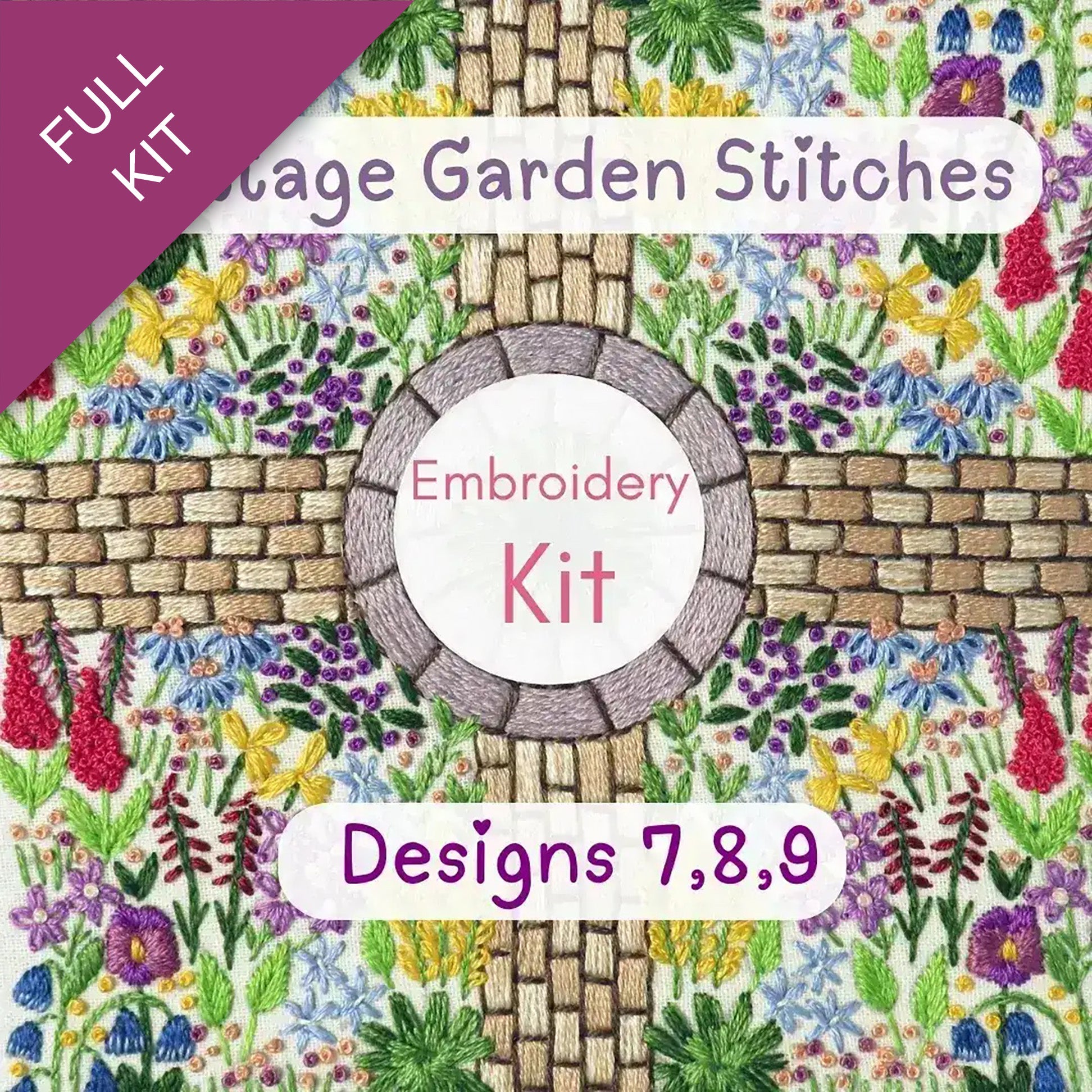 Embroidery kit cover with floral design and text 'Village Garden Stitches' and 'Embroidery Kit Designs 7, 8, 9'.