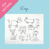 Set of dog illustrations on a white sheet with 'PDF Pattern' text on a pink triangle, against a light blue background.