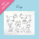 Set of dog illustrations on a white sheet with 'PDF Pattern' text on a pink triangle, against a light blue background.