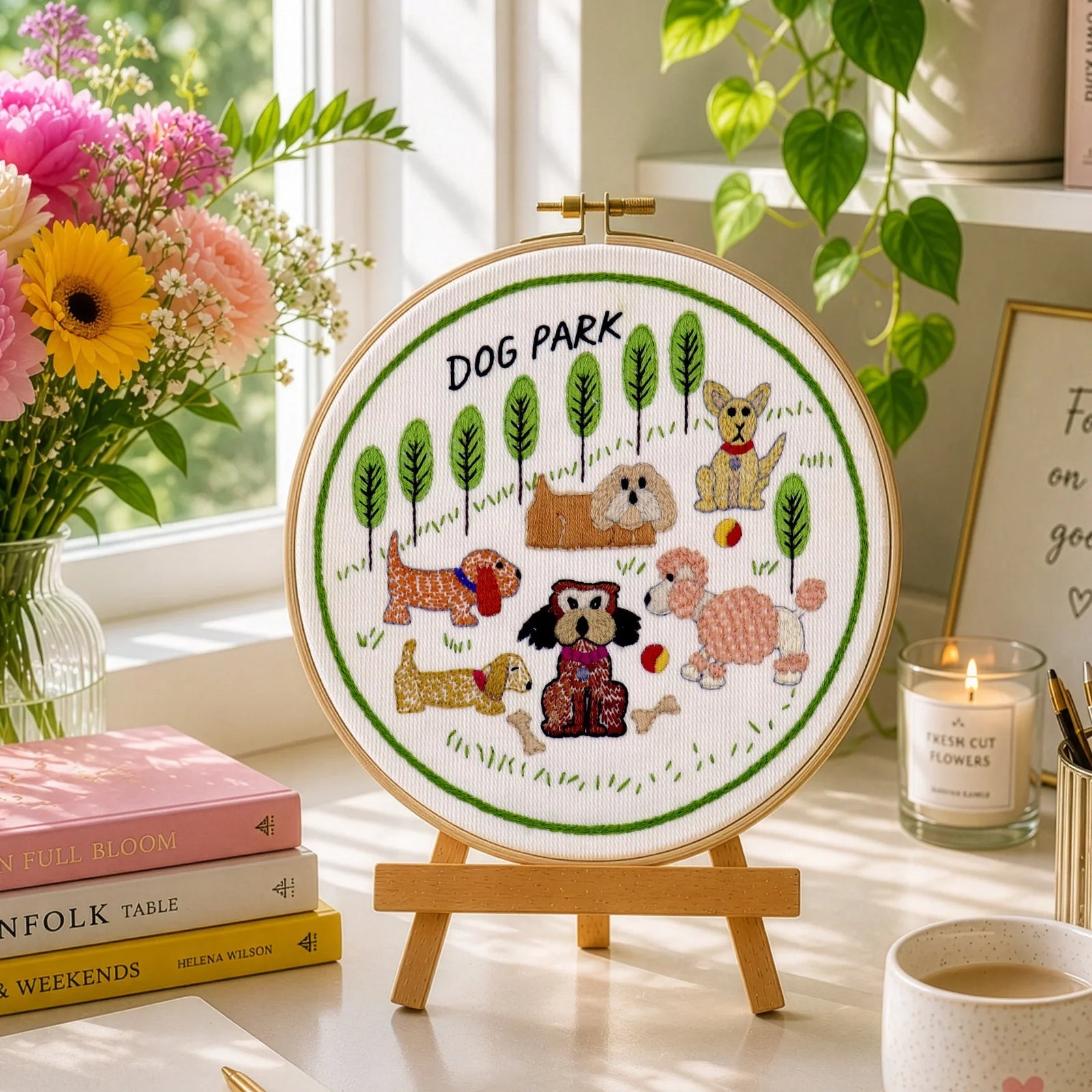 Dogs are such fun and what could be more lovely for a dog lover than a park full of the furry little woofers. This design features 6 different dogs for you to enjoy stitching.