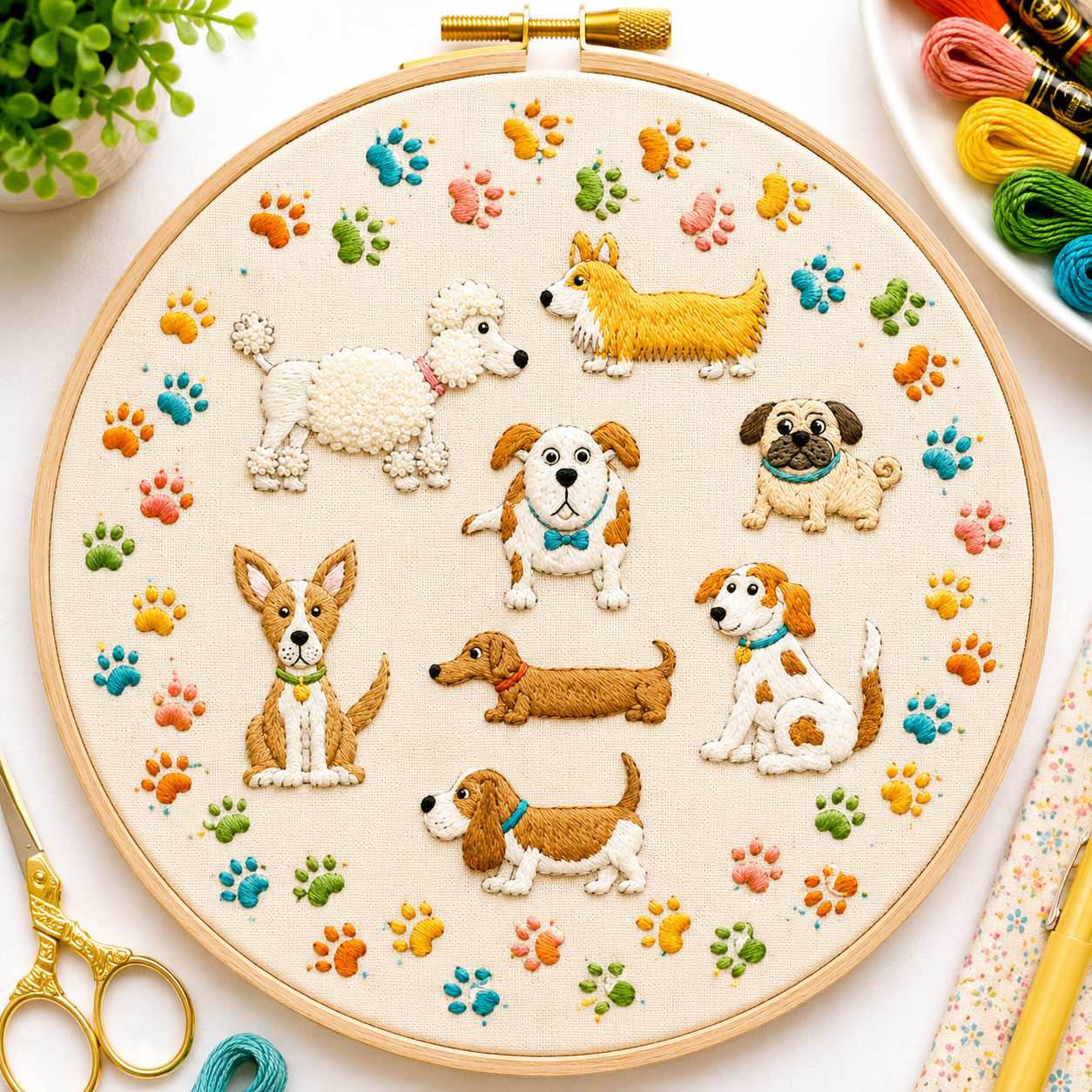 Embroidery hoop with embroidered dogs and paw prints on a white surface with embroidery supplies.