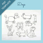 Set of dog illustrations on a PDF template with 'Dogs' text and a blue border.