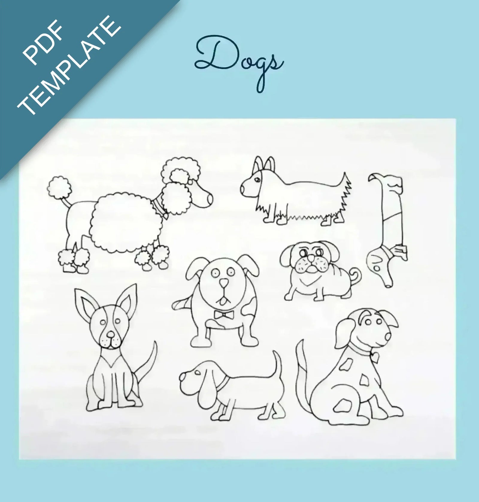 Set of dog illustrations on a PDF template with 'Dogs' text and a blue border.