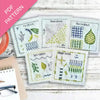 Embroidery pattern with various stitches on a wooden surface, featuring a PDF pattern label.