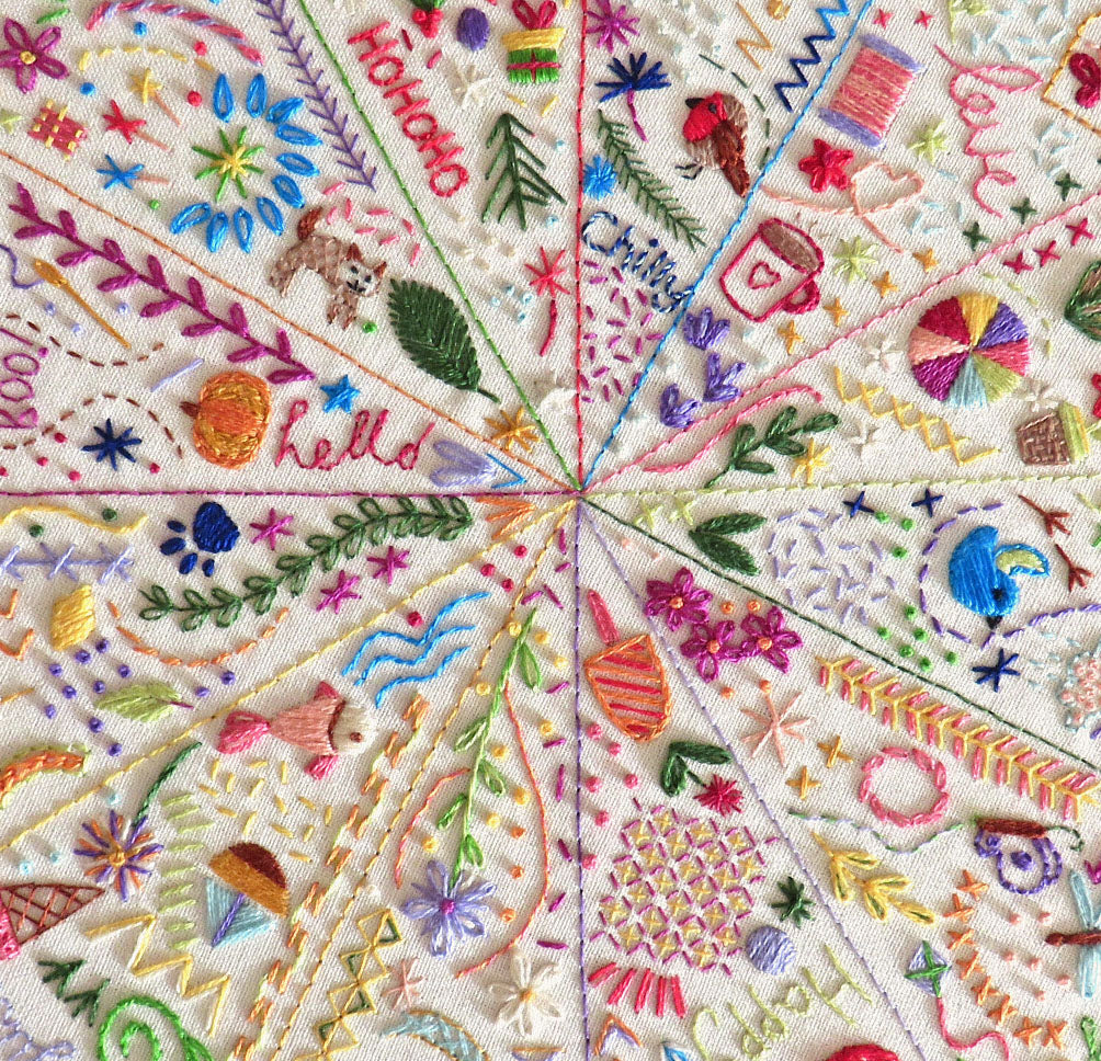 A close-up of a square textile featuring a radial design of embroidered segments on an off-white fabric background, filled with multicolored embroidery motifs including flowers, leaves, stars, animals, and words like 'hello' and 'goodbye'.