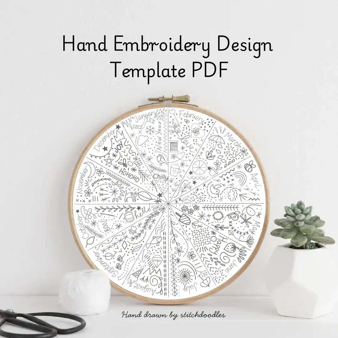 Hand embroidery design template PDF with an embroidery hoop on a white background