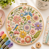 Embroidery hoop with colorful floral design on a table with embroidery supplies.