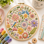 Embroidery hoop with colorful floral design on a table with embroidery supplies.