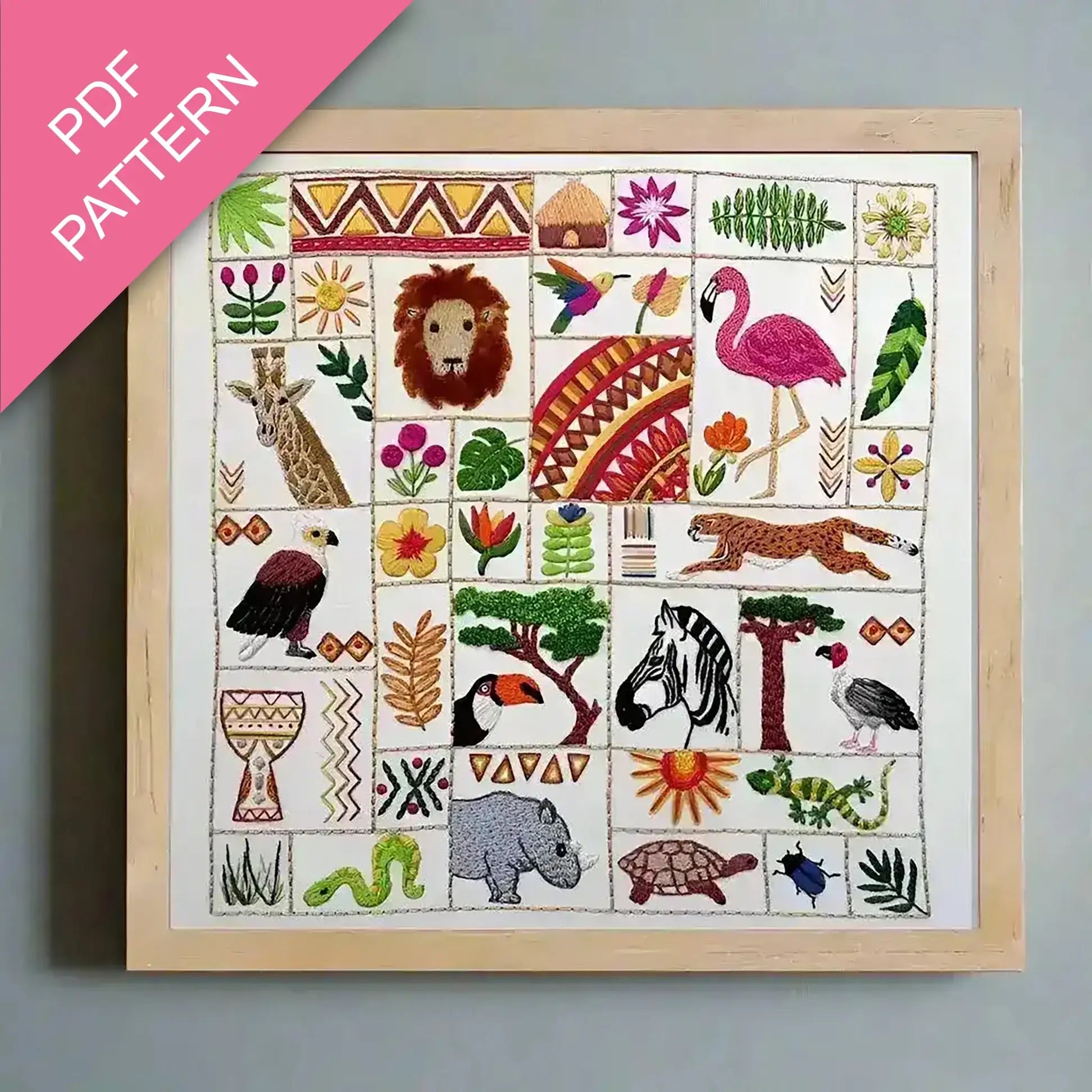 Embroidery pattern with animals and nature elements framed on a light blue background
