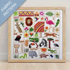 Embroidered fabric pattern with animals and nature elements framed in a wooden frame.