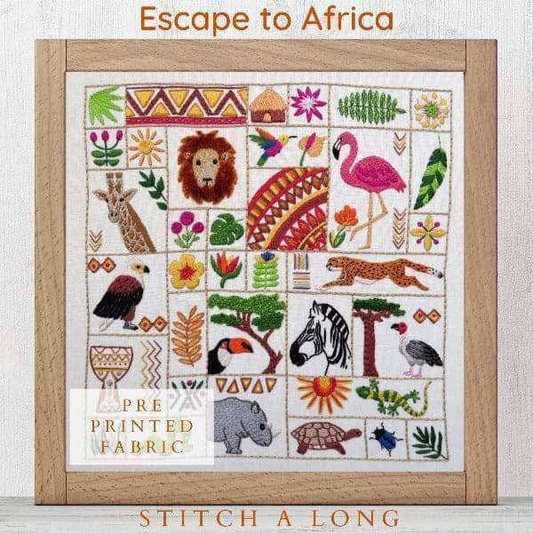 Escape to Africa SAL Pre Printed Embroidery Fabric , Pre Printed Fabric Pattern , StitchDoodles , embroidery hoop kit, Embroidery Kit, embroidery kit for adults, embroidery kit fro beginners, hand embroidery, hand embroidery fabric, hand embroidery kit, modern embroidery kits, wildlife embroidery , StitchDoodles , shop.stitchdoodles.com