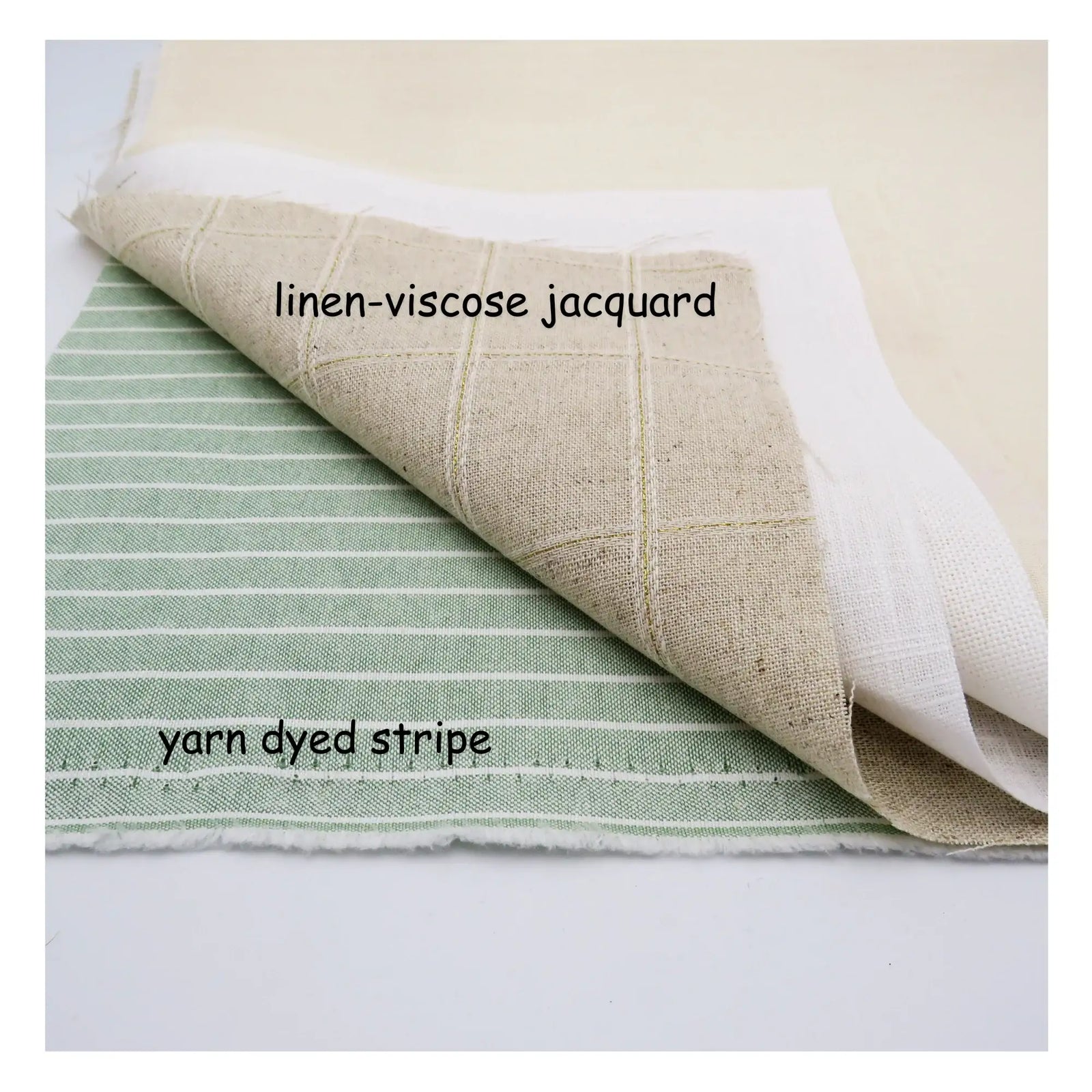 Two types of fabric: linen-viscose jacquard and yarn dyed stripe, displayed on a white background.