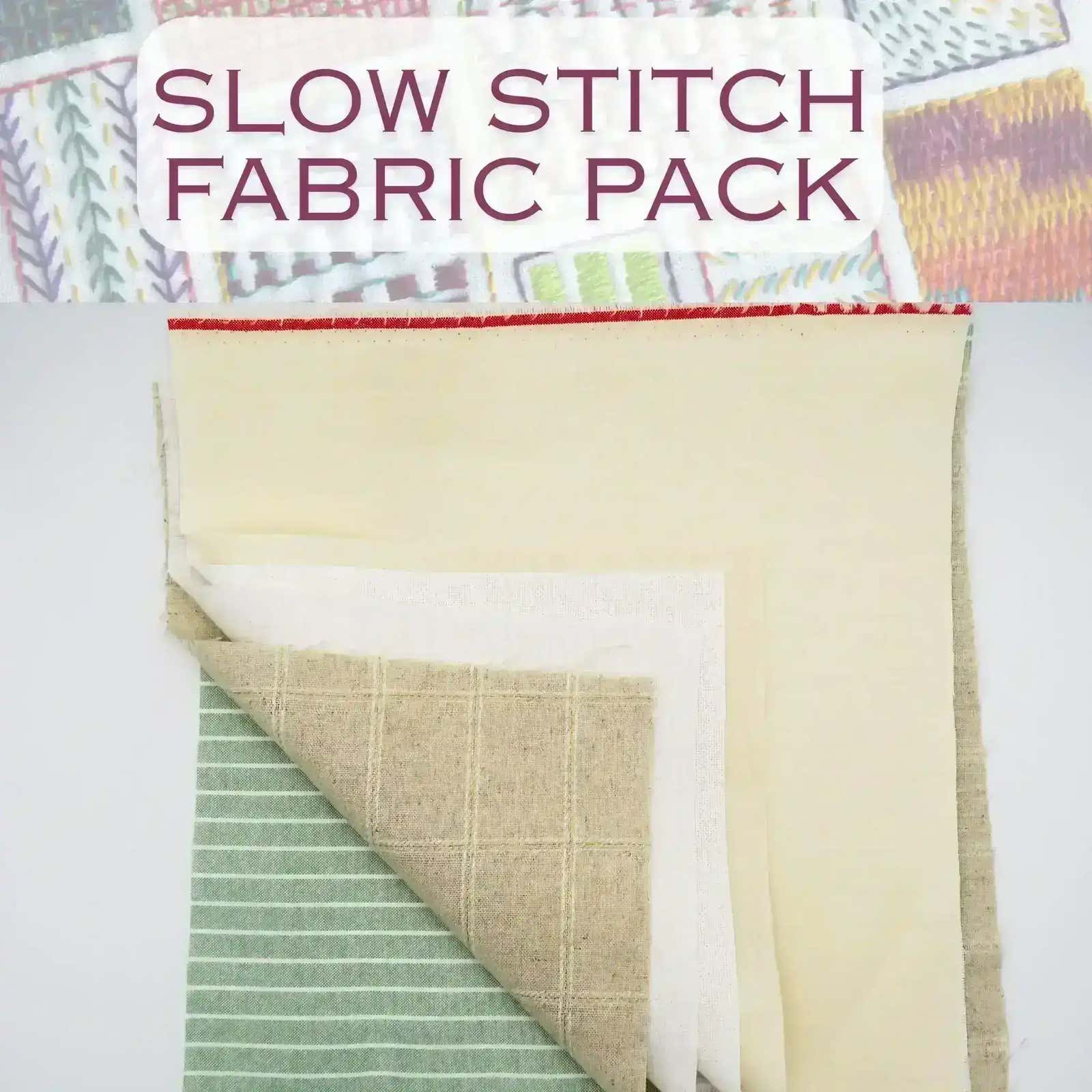 Fabric pack with various patterns and colors on a white background