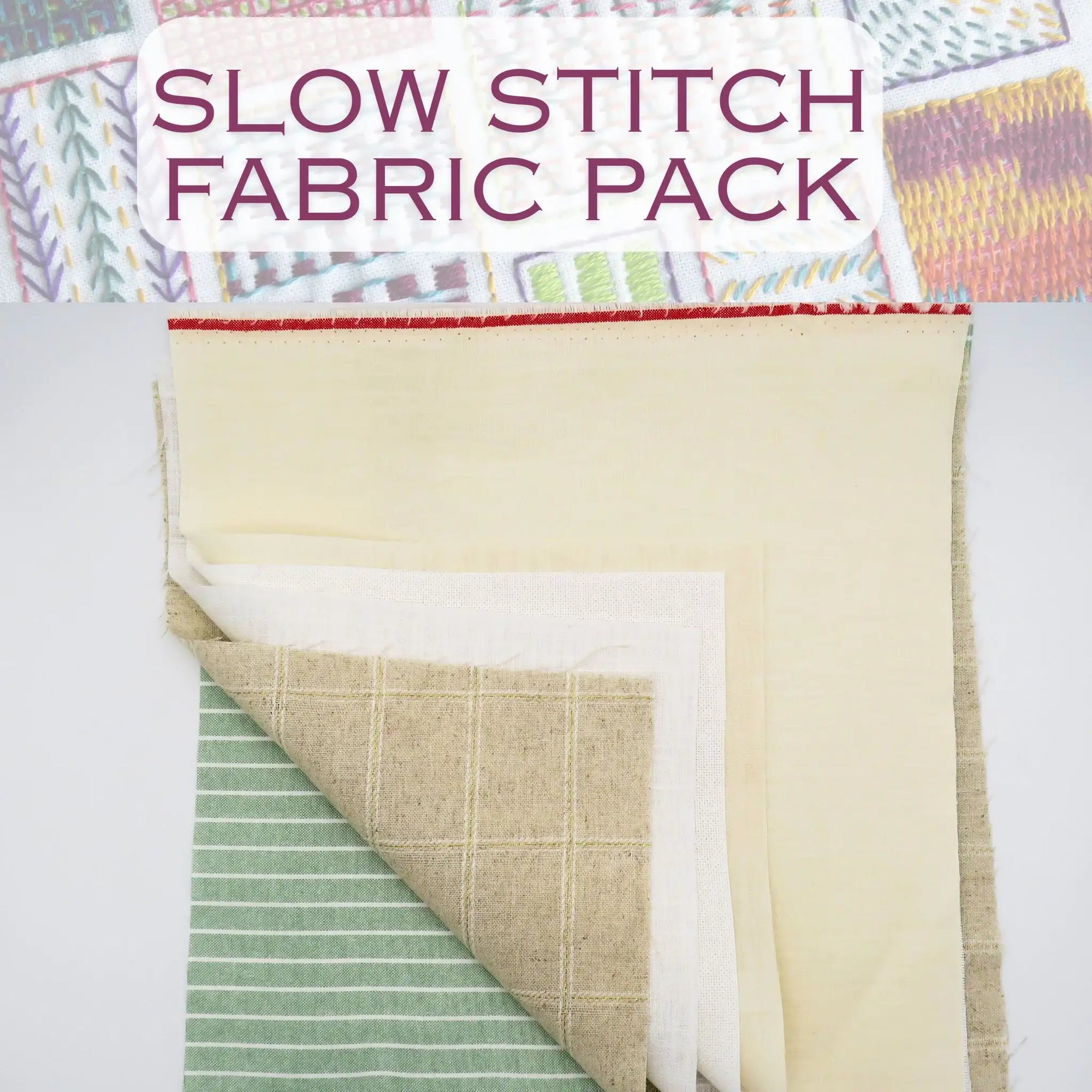Fabric pack with various patterns and colors on a white background