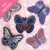 Butterfly-shaped embroidered patches on a pink floral background with 'PDF Pattern' text.