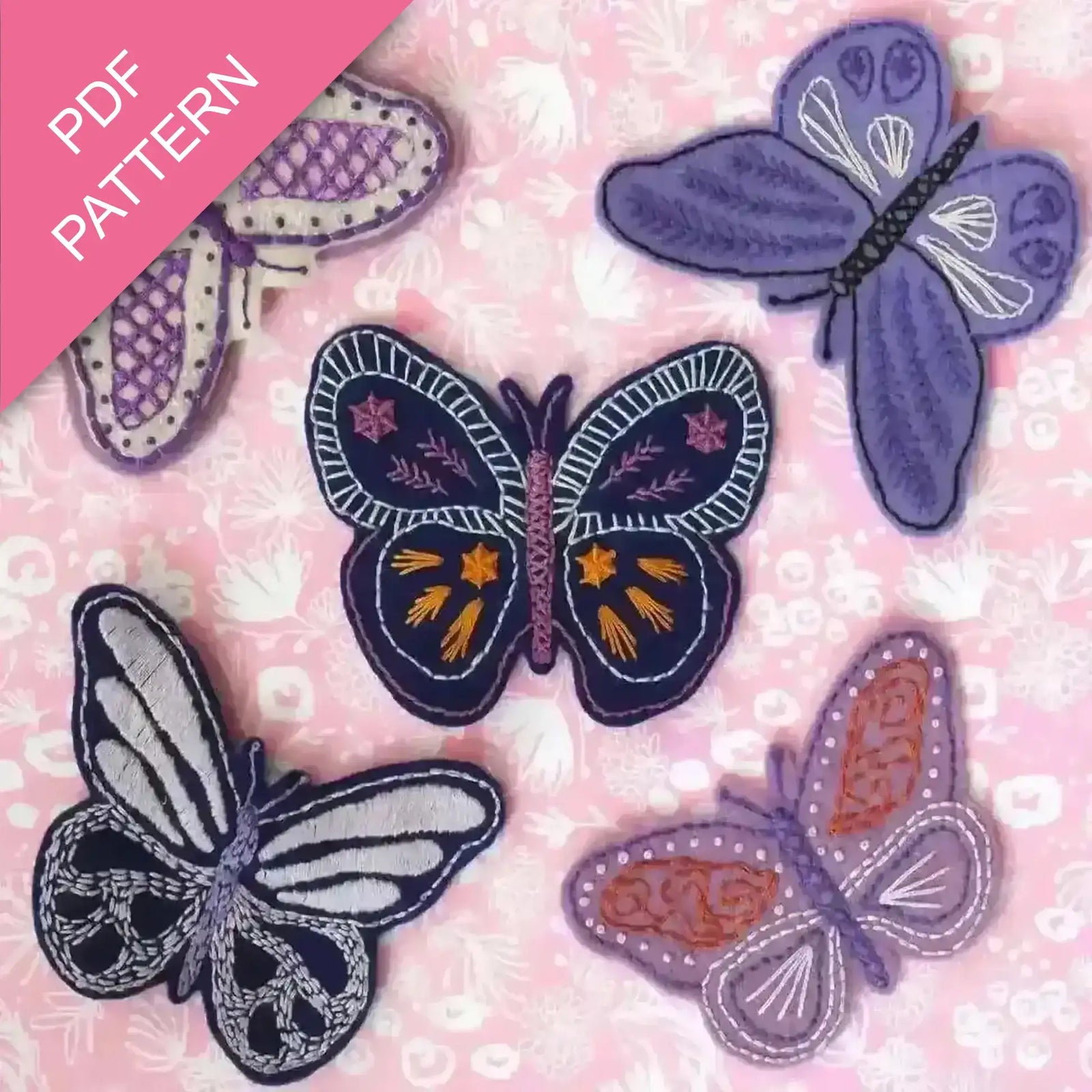 Butterfly-shaped embroidered patches on a pink floral background with 'PDF Pattern' text.
