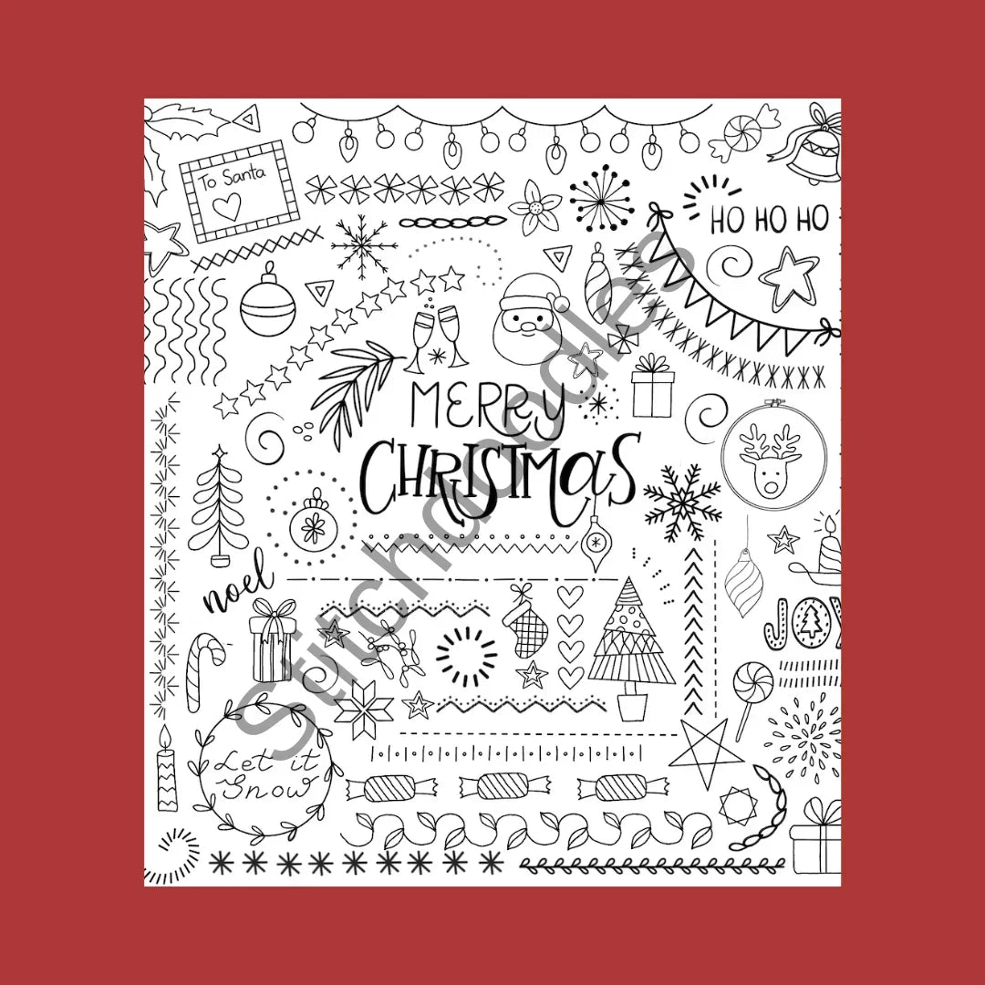 Black and white Christmas-themed design on a red background