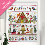 Christmas-themed cross-stitch pattern with a cabin, animals, and festive elements on a white background.