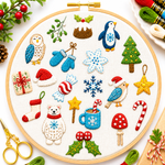 Embroidery hoop with Christmas-themed designs on a white background
