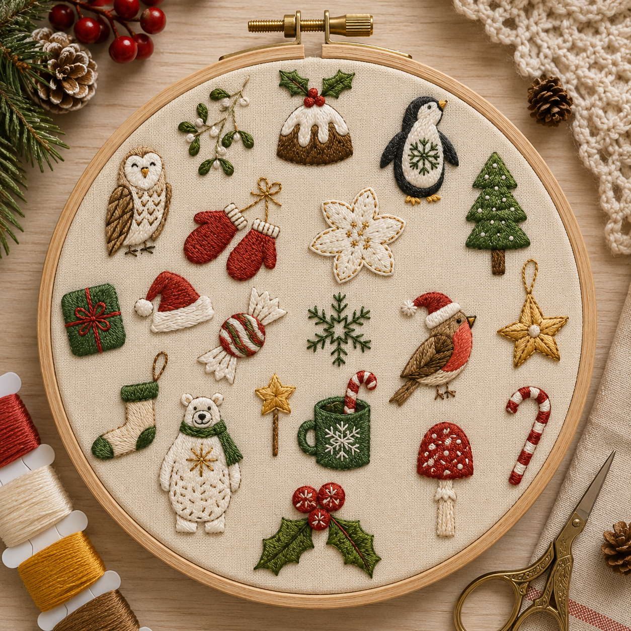 Embroidery hoop with Christmas-themed stitches on a wooden surface with sewing materials.