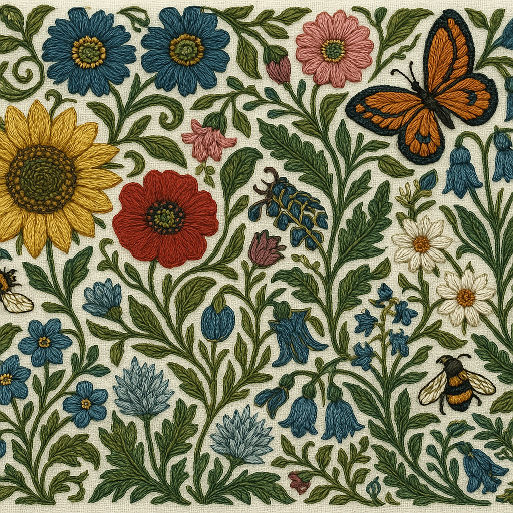 Embroidered pattern with flowers, butterflies, and bees on a white background