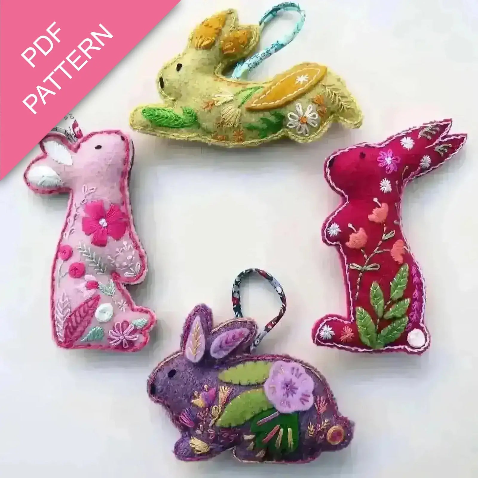 Colorful embroidered bunny patterns on a white background with 'PDF Pattern' text.